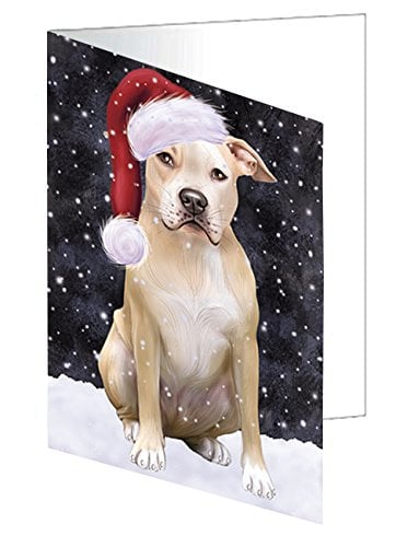 Let it Snow Christmas Holiday Pit Bull Dog Wearing Santa Hat Greeting Card