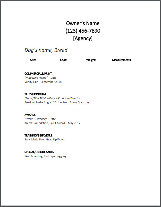 Dog Modeling Resume