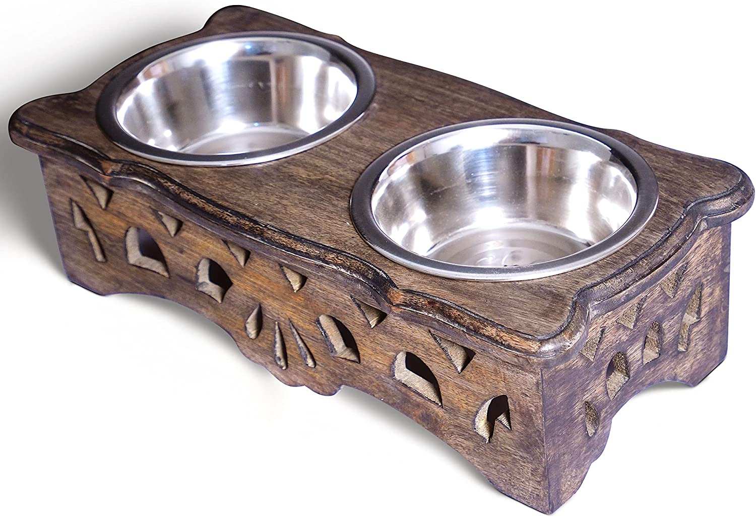 Mango Wood and Stainless Steel Double Bowl Pet Feeder