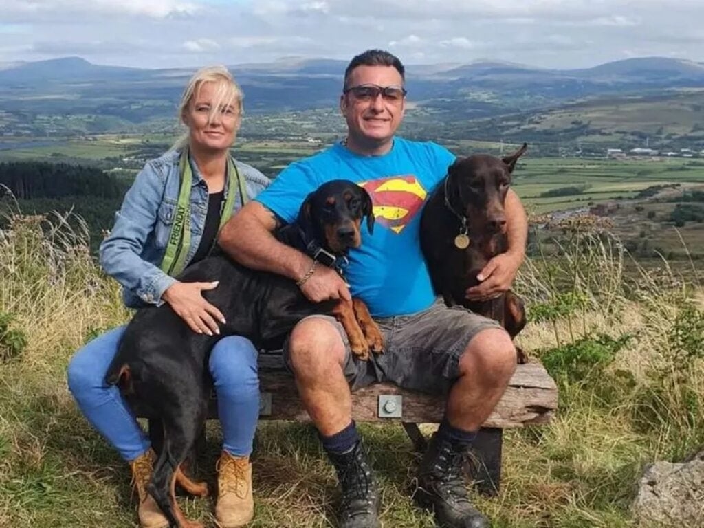 Lucy and Cenydd with life saver Indie and big Dave the Doberman Image Lucy Humphrey Instagram