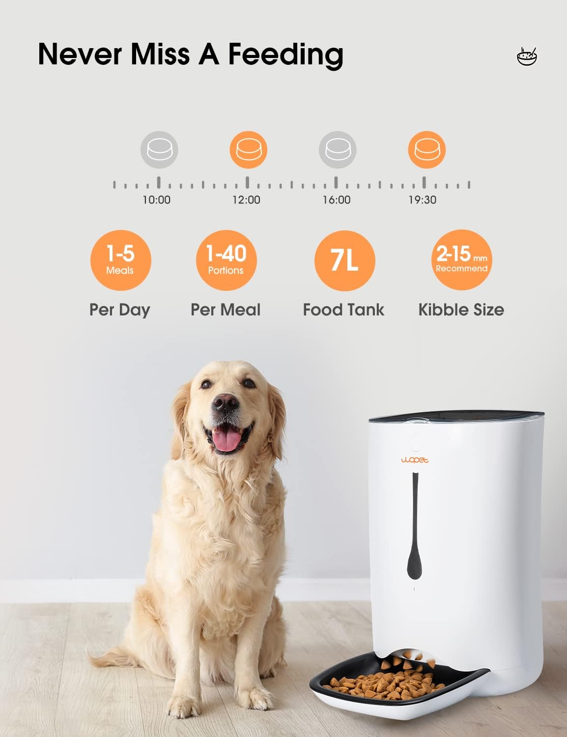 Golden Retriever standing beside an automatic feeder from WOPET