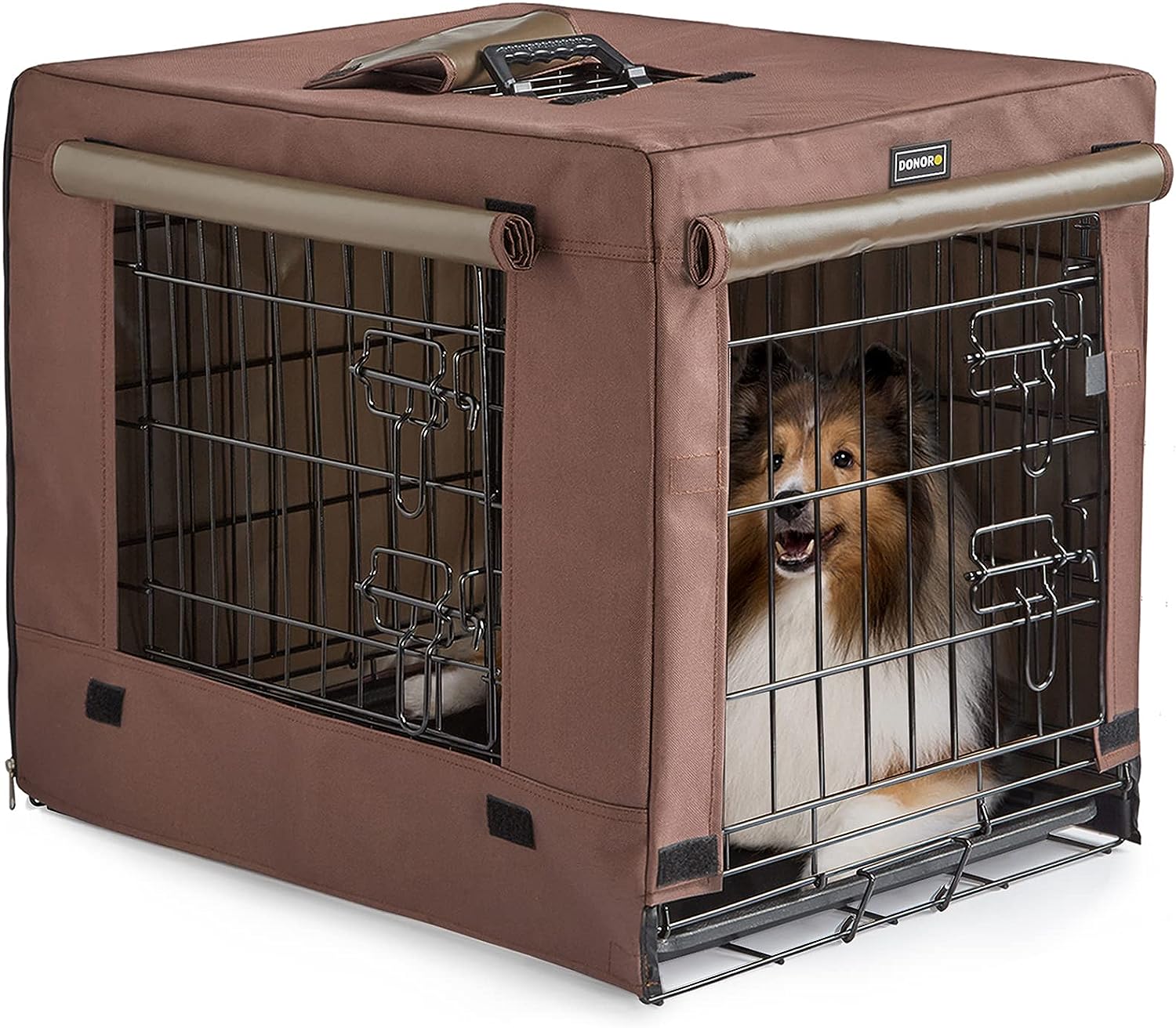 Brown dog kennel cover over a metal crate