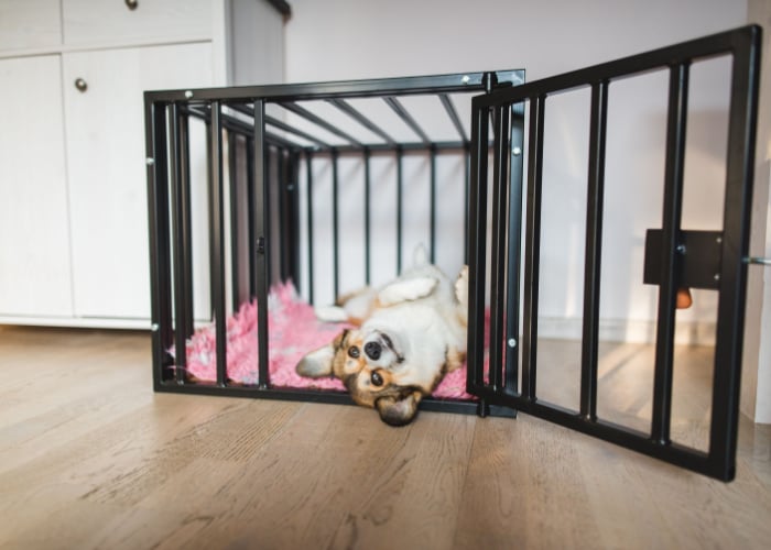 Dog being silly inside its crate