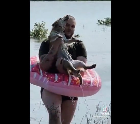 ukrainian soldier saves dog stuck in flood in a donut inflatable